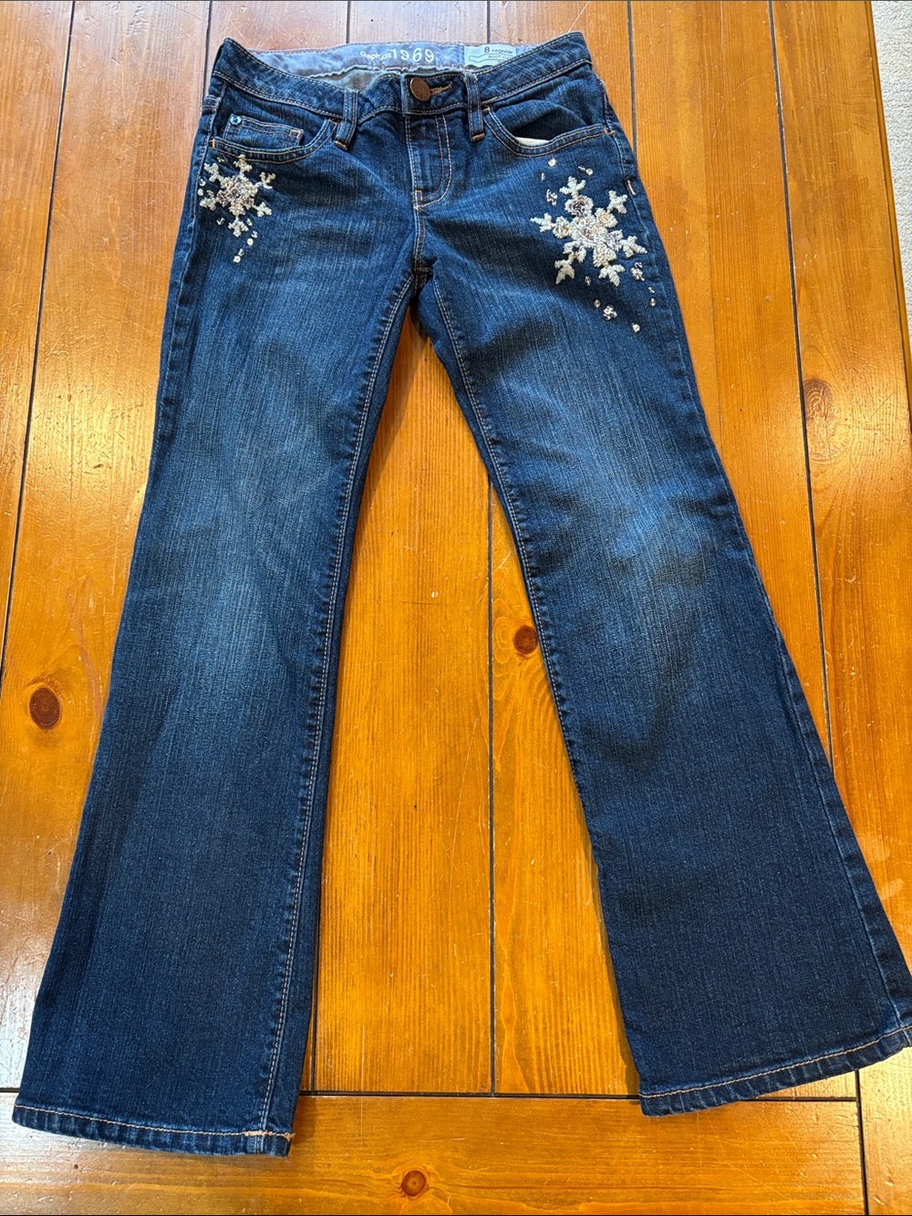 GAP Kids Dark Blue Boot Cut Jeans with White Floral Embroidery Girls Size 8